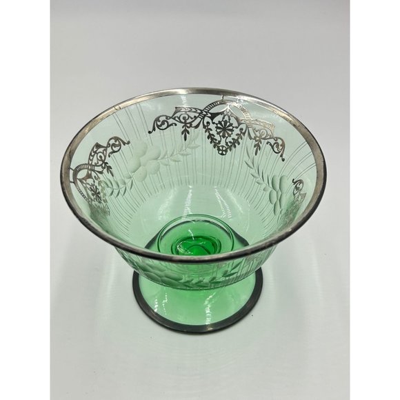 Vintage Green Glass Pedestal Bowl Footed Dish Sterling Silver Overlay Design - Picture 3 of 9